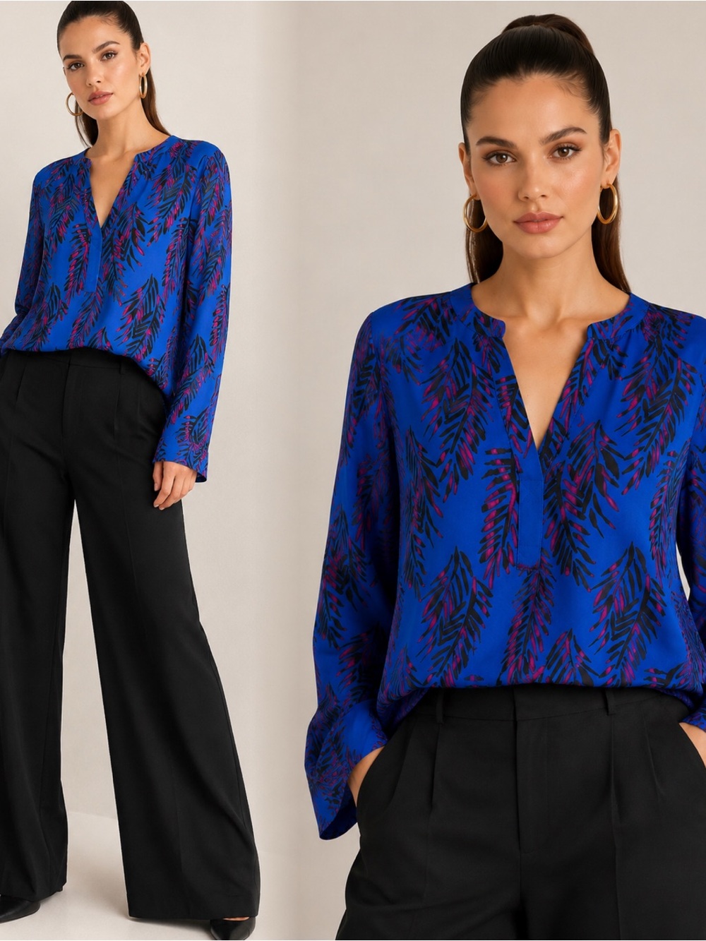 Candie's Royal Blue V-Neck Leaf Print Blouse